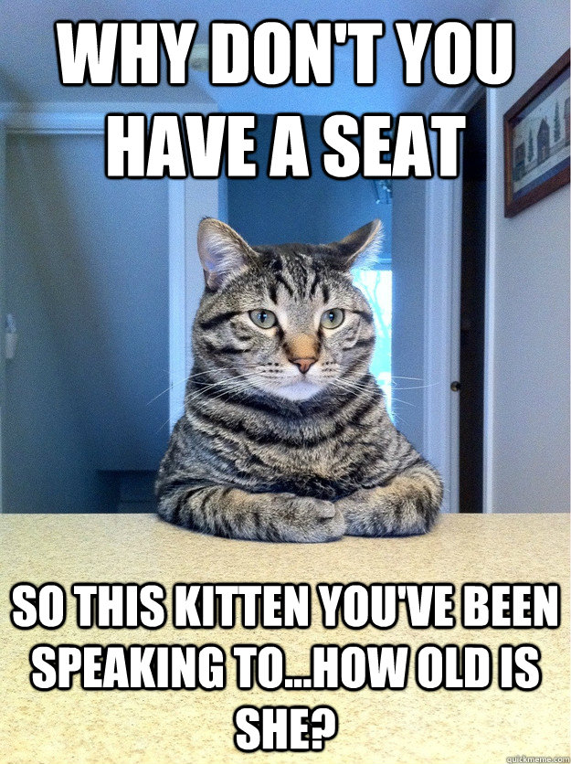 Why don't you have a seat so this kitten you've been speaking to...how old is she?  Chris Hansen Cat