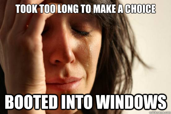 Took too long to make a choice Booted into windows  First World Problems