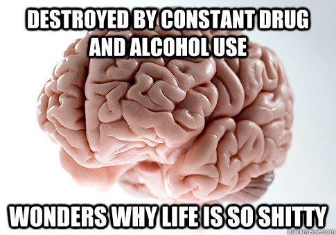 Destroyed by constant drug and alcohol use wonders why life is so shitty  Scumbag Brain