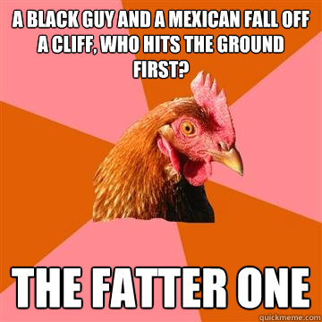 A Black guy and a mexican fall off a cliff, who hits the ground first? The fatter one  Anti-Joke Chicken