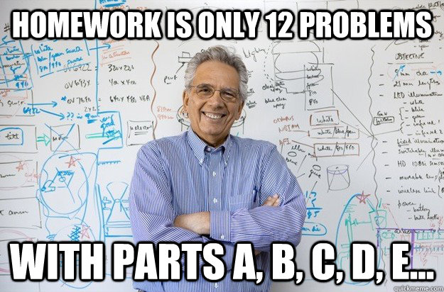 Homework is only 12 problems with parts a, b, c, d, e...  Engineering Professor