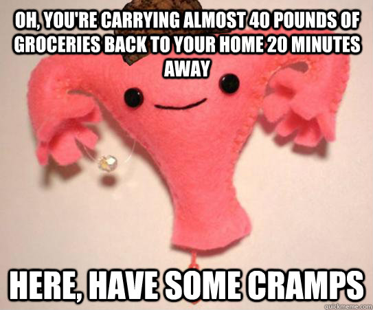 Oh, you're carrying almost 40 pounds of groceries back to your home 20 minutes away Here, have some cramps  Scumbag Uterus