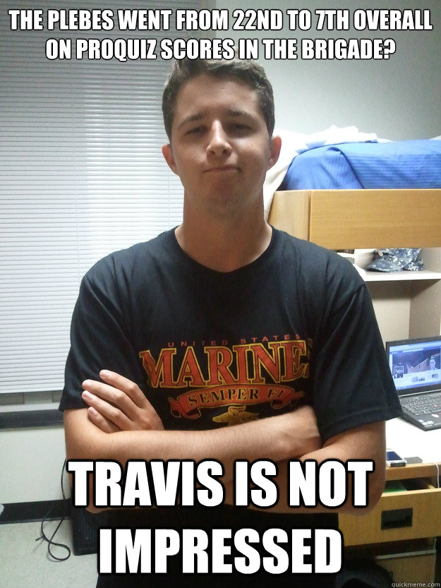 The Plebes went from 22nd to 7th overall on Proquiz scores in the Brigade? Travis is not impressed  Travis is Not Impressed