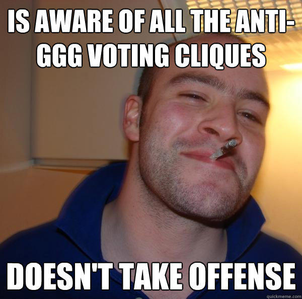 is aware of all the anti-ggg voting cliques doesn't take offense - is aware of all the anti-ggg voting cliques doesn't take offense  Good Guy Greg 