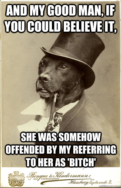 and my good man, if you could believe it, she was somehow offended by my referring to her as 'bitch' - and my good man, if you could believe it, she was somehow offended by my referring to her as 'bitch'  Old Money Dog