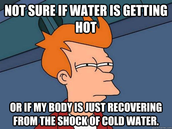 Not sure if water is getting hot Or if my body is just recovering from the shock of cold water. - Not sure if water is getting hot Or if my body is just recovering from the shock of cold water.  Futurama Fry