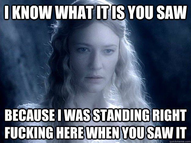 i know what it is you saw because i was standing right fucking here when you saw it  Bitchy Galadriel