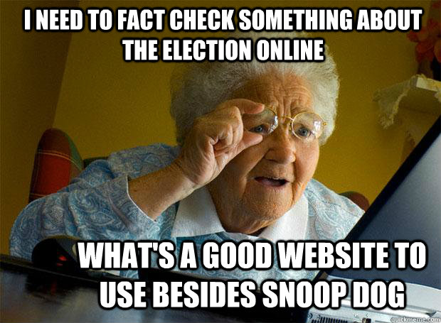 I NEED TO FACT CHECK SOMETHING ABOUT THE ELECTION ONLINE WHAT'S A GOOD WEBSITE TO USE BESIDES SNOOP DOG  Grandma finds the Internet