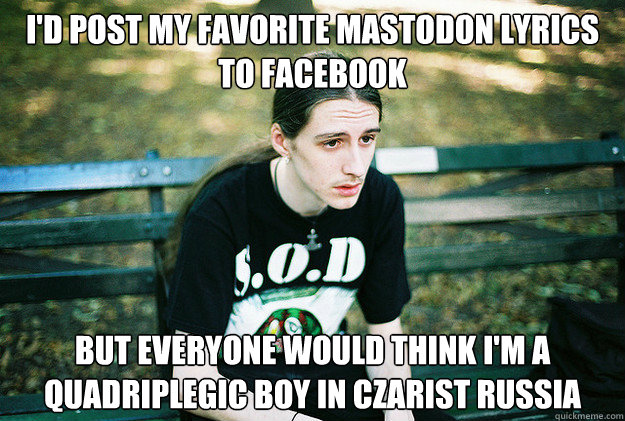 i'd post my favorite mastodon lyrics to facebook but everyone would think i'm a quadriplegic boy in czarist russia   First World Metal Problems