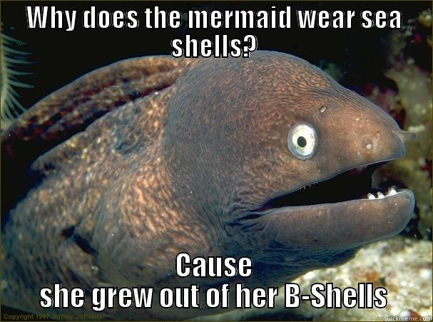 Mermaid Meme - WHY DOES THE MERMAID WEAR SEA SHELLS? CAUSE SHE GREW OUT OF HER B-SHELLS Bad Joke Eel