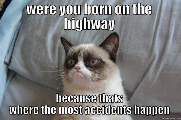 were you  - WERE YOU BORN ON THE HIGHWAY BECAUSE THATS WHERE THE MOST ACCIDENTS HAPPEN Grumpy Cat