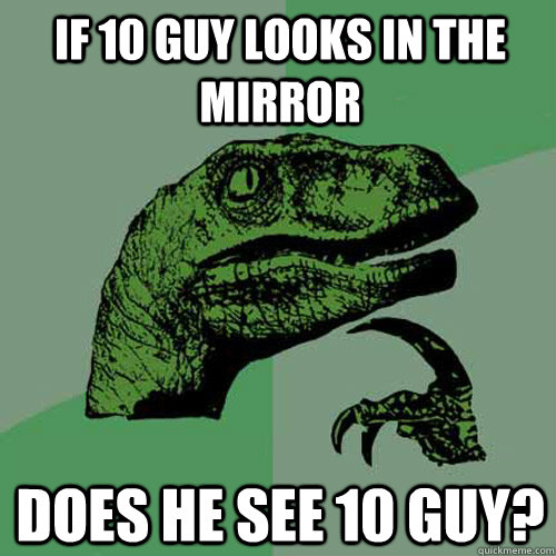 if 10 guy looks in the mirror does he see 10 guy?  Philosoraptor