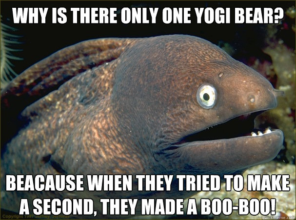 Why is there only one yogi bear? Beacause when they tried to make a second, they made a Boo-Boo!  Bad Joke Eel