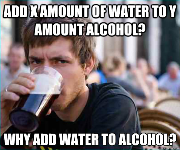 Add x amount of water to y amount alcohol? why add water to alcohol?  Lazy College Senior