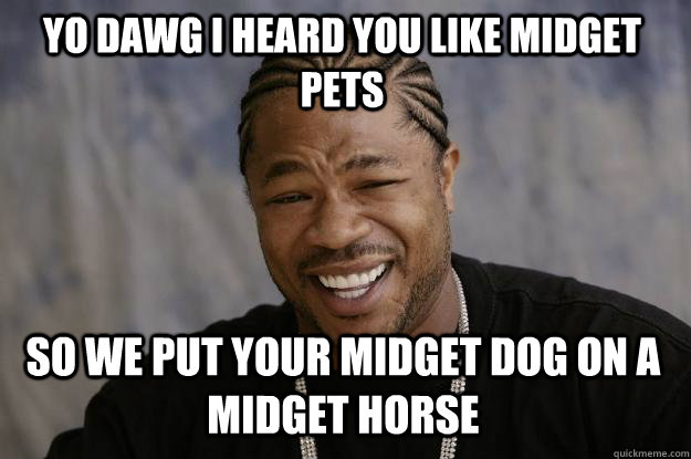 YO DAWG I HEARD YOU LIKE MIDGET PETS SO WE PUT YOUR MIDGET DOG ON A MIDGET HORSE  Xzibit meme