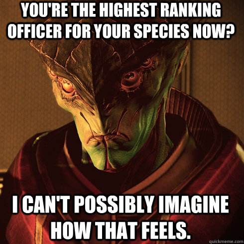 You're the highest ranking officer for your species now? i can't possibly imagine how that feels.  