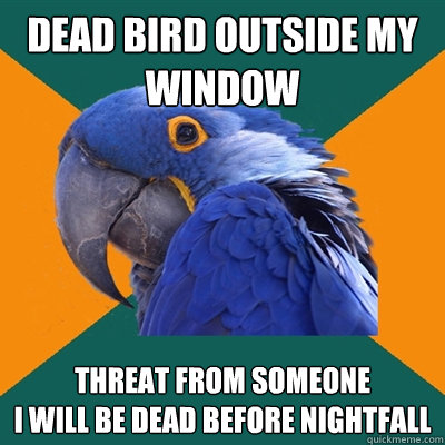 dead bird outside my window threat from someone
I will be dead before nightfall - dead bird outside my window threat from someone
I will be dead before nightfall  Paranoid Parrot