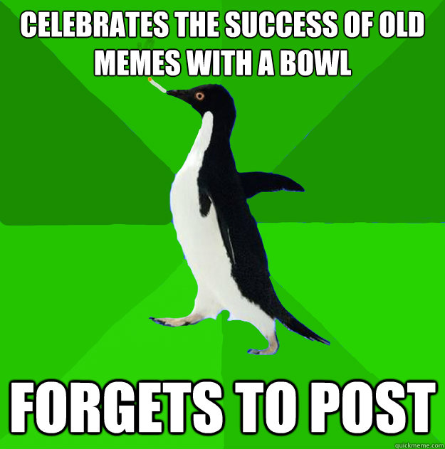 celebrates the success of old memes with a bowl forgets to post   Stoner Penguin