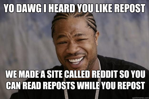 yo dawg i heard you like repost we made a site called reddit so you can read reposts while you repost - yo dawg i heard you like repost we made a site called reddit so you can read reposts while you repost  Xzibit meme 2