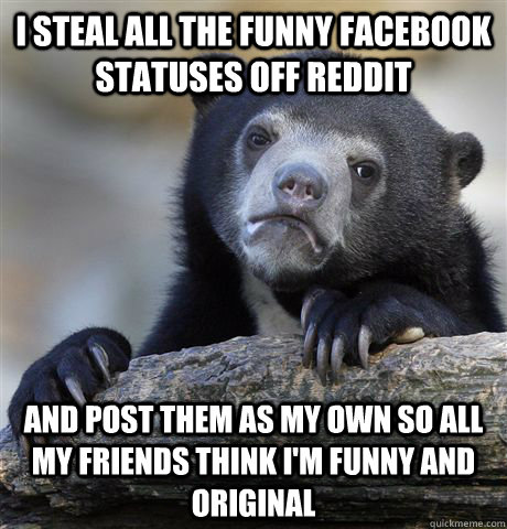 i steal all the funny facebook statuses off reddit and post them as my own so all my friends think i'm funny and original - i steal all the funny facebook statuses off reddit and post them as my own so all my friends think i'm funny and original  Confession Bear