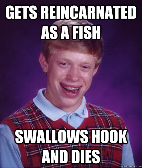 Gets reincarnated as a fish Swallows hook and dies  Bad Luck Brian