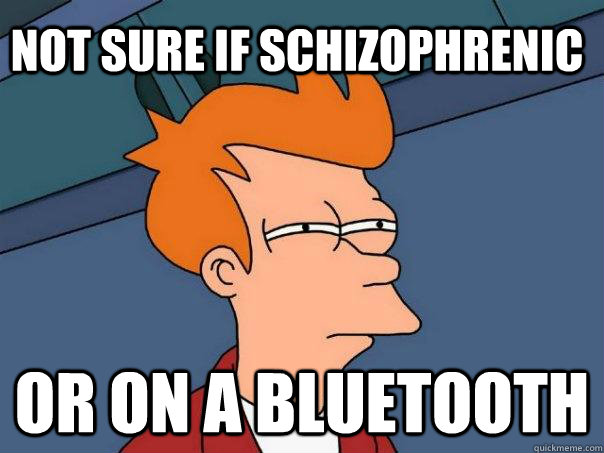 Not sure if schizophrenic Or on a bluetooth  Futurama Fry