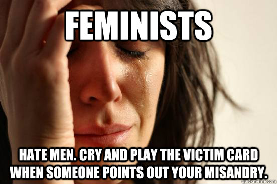 feminists Hate men. Cry and play the victim card when someone points out your misandry.  First World Problems