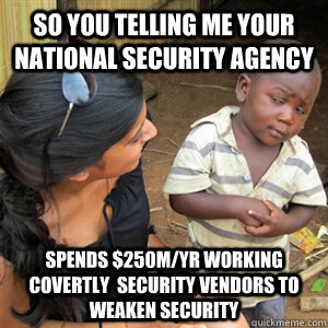 So You Telling Me Your National Security Agency Spends $250M/yr working covertly  Security Vendors to Weaken Security - So You Telling Me Your National Security Agency Spends $250M/yr working covertly  Security Vendors to Weaken Security  So You Telling Me