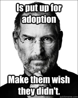 Is put up for adoption Make them wish they didn't. - Is put up for adoption Make them wish they didn't.  Steve jobs