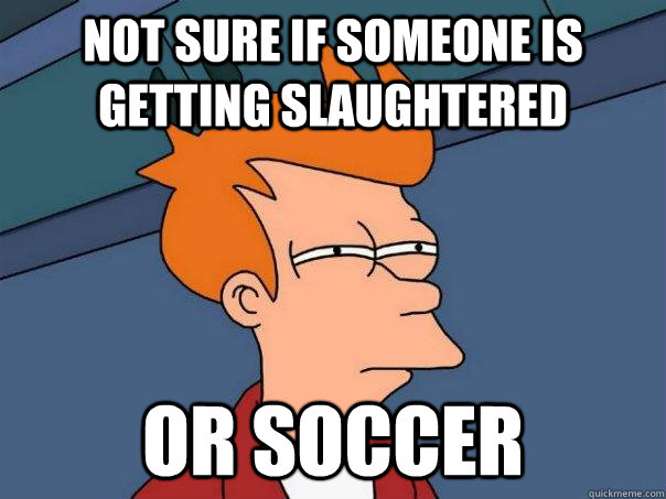 not sure if someone is getting slaughtered or soccer - not sure if someone is getting slaughtered or soccer  Futurama Fry