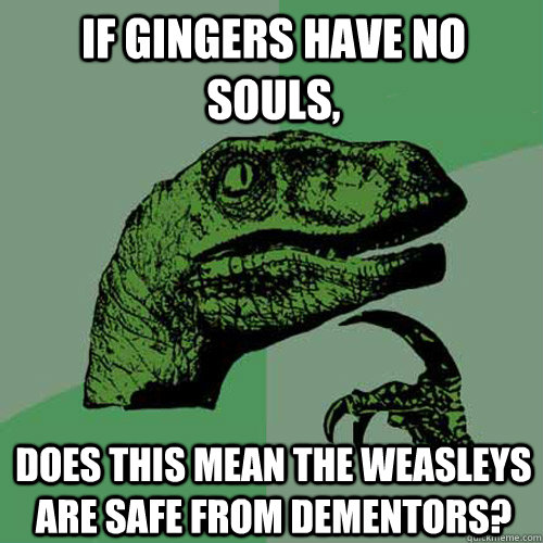 If gingers have no souls, does this mean the Weasleys are safe from dementors?  Philosoraptor