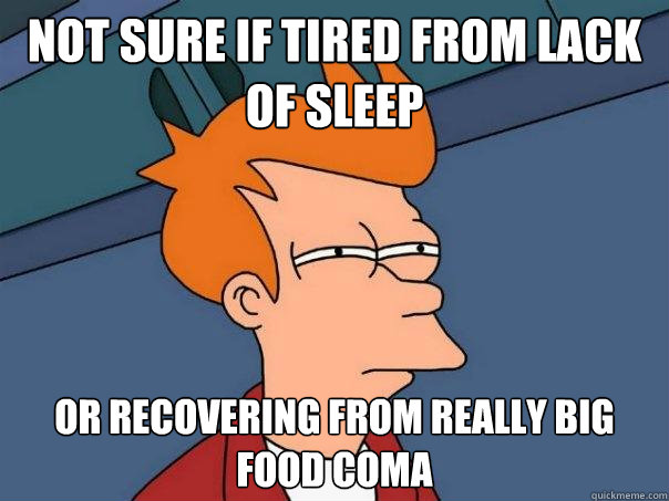 Not sure if tired from lack of sleep Or recovering from really big food coma  Futurama Fry