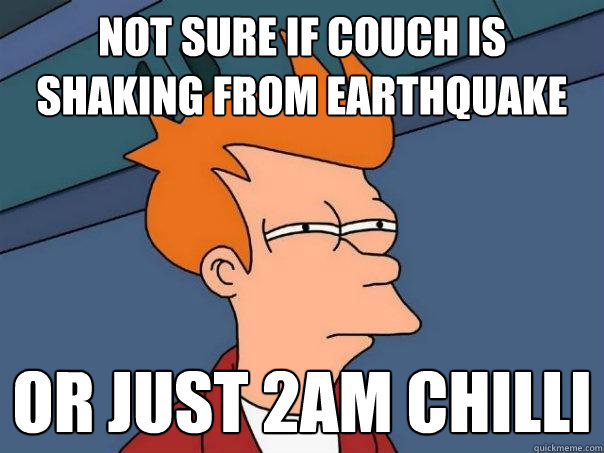 not sure if couch is shaking from earthquake Or just 2am chilli  Futurama Fry