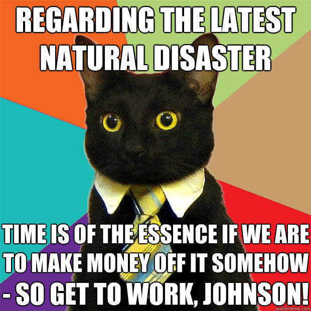 Regarding the latest natural disaster time is of the essence if we are to make money off it somehow - so get to work, johnson!  Business Cat