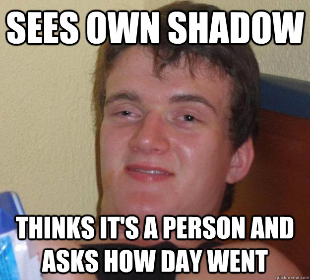 Sees own shadow Thinks it's a person and asks how day went  10 Guy