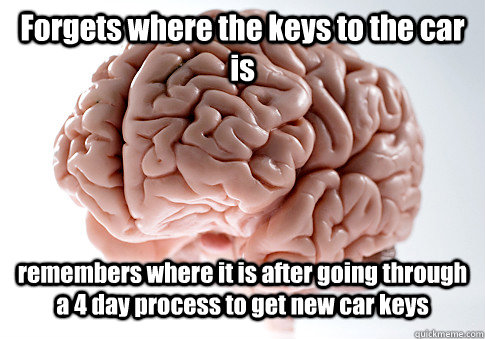 Forgets where the keys to the car is remembers where it is after going through a 4 day process to get new car keys  Scumbag Brain