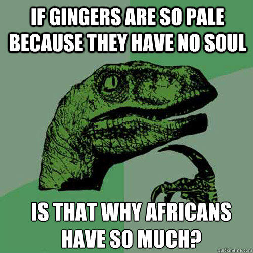 If gingers are so pale because they have no soul Is that why africans have so much?  