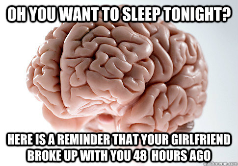 Oh you want to sleep tonight? here is a reminder that your girlfriend broke up with you 48  hours ago  - Oh you want to sleep tonight? here is a reminder that your girlfriend broke up with you 48  hours ago   Scumbag Brain