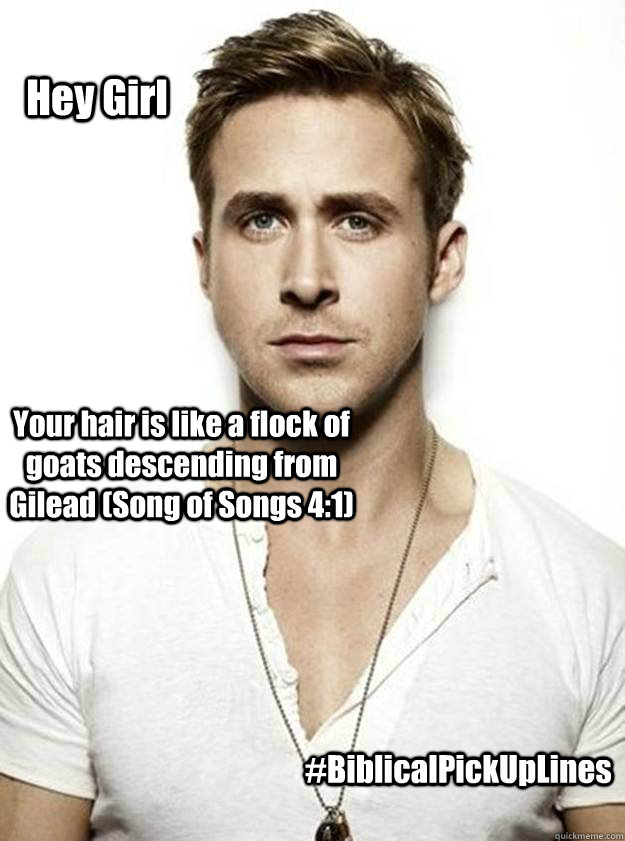 Hey Girl Your hair is like a flock of goats descending from Gilead (Song of Songs 4:1) #BiblicalPickUpLines  Ryan Gosling Hey Girl