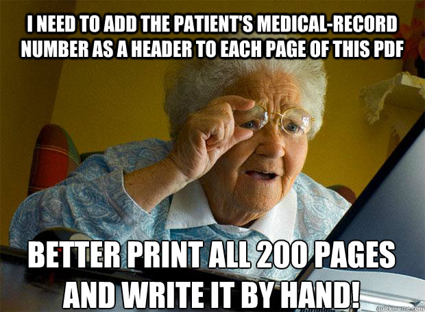 I NEED TO ADD THE PATIENT'S MEDICAL-RECORD NUMBER AS A HEADER TO EACH PAGE OF THIS PDF  BETTER PRINT ALL 200 PAGES AND WRITE IT BY HAND!   Caption 5 goes here - I NEED TO ADD THE PATIENT'S MEDICAL-RECORD NUMBER AS A HEADER TO EACH PAGE OF THIS PDF  BETTER PRINT ALL 200 PAGES AND WRITE IT BY HAND!   Caption 5 goes here  Grandma finds the Internet