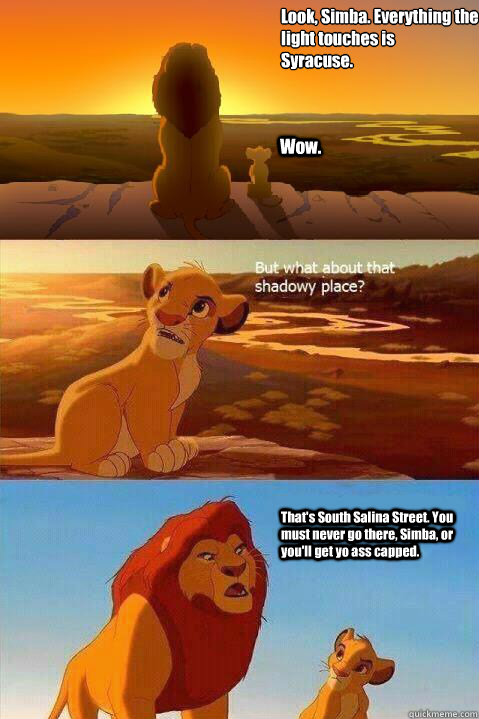 Look, Simba. Everything the light touches is 
Syracuse. Wow. That's South Salina Street. You must never go there, Simba, or you'll get yo ass capped.   Lion King Shadowy Place