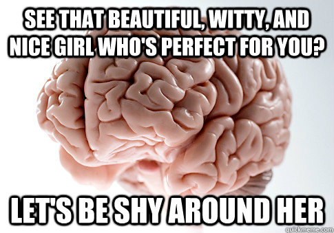 See that beautiful, witty, and nice girl who's perfect for you? Let's be shy around her - See that beautiful, witty, and nice girl who's perfect for you? Let's be shy around her  Scumbag Brain