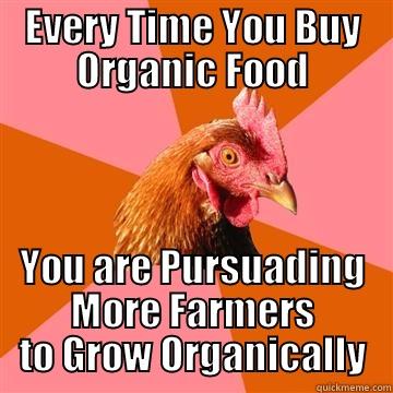 EVERY TIME YOU BUY ORGANIC FOOD YOU ARE PURSUADING MORE FARMERS TO GROW ORGANICALLY Anti-Joke Chicken