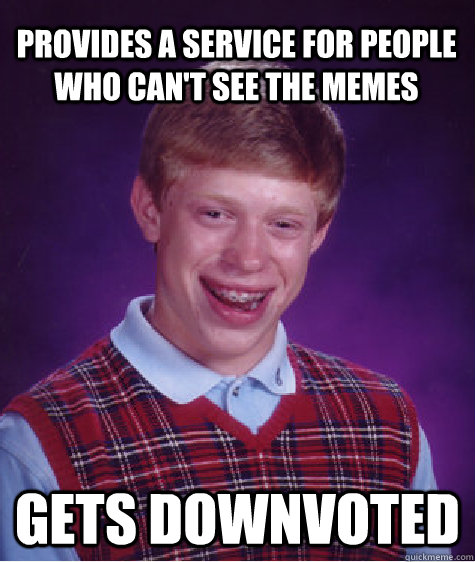 Provides a service for people who can't see the memes gets downvoted  Bad Luck Brian