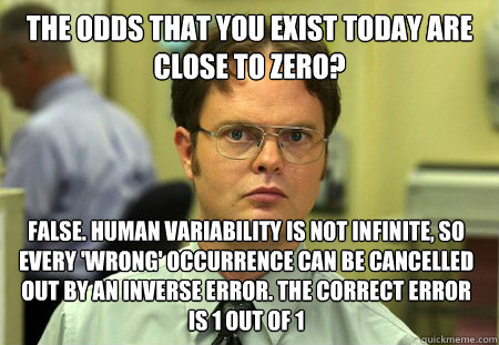 The odds that you exist today are close to zero? False. human variability is not infinite, so every 'wrong' occurrence can be cancelled out by an inverse error. The correct error is 1 out of 1 - The odds that you exist today are close to zero? False. human variability is not infinite, so every 'wrong' occurrence can be cancelled out by an inverse error. The correct error is 1 out of 1  Dwight