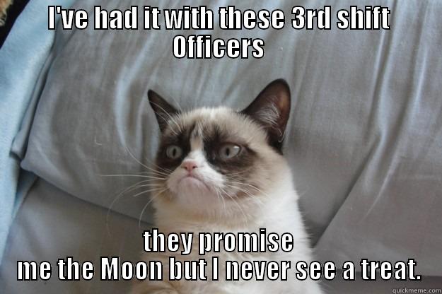 Grumpy speaks up. - I'VE HAD IT WITH THESE 3RD SHIFT OFFICERS THEY PROMISE ME THE MOON BUT I NEVER SEE A TREAT. Grumpy Cat