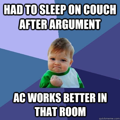 Had to sleep on couch after argument ac works better in that room  Success Kid