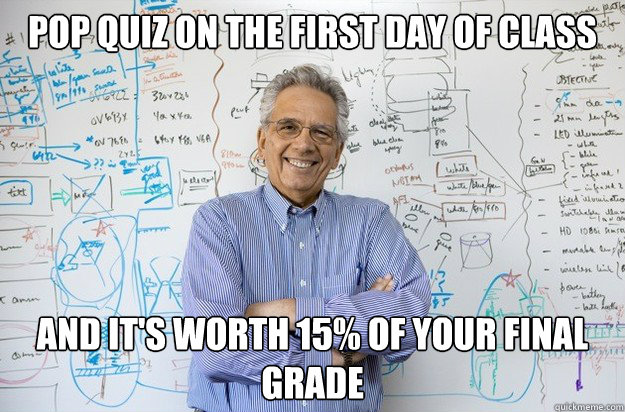 POP QUIZ ON THE FIRST DAY OF CLASS aND IT'S WORTH 15% OF YOUR FINAL GRADE  Engineering Professor