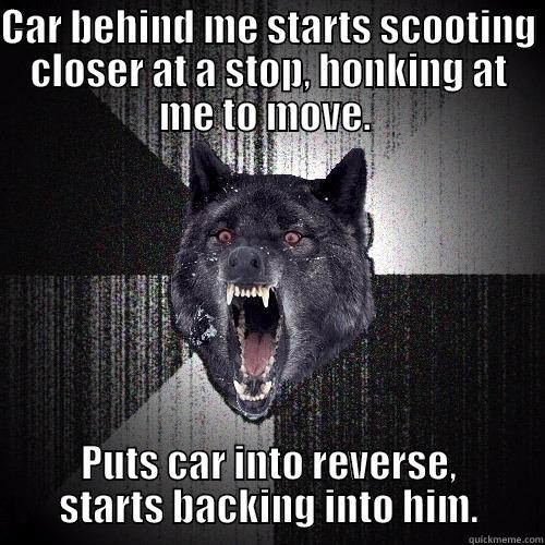 Driving in the city - CAR BEHIND ME STARTS SCOOTING CLOSER AT A STOP, HONKING AT ME TO MOVE.  PUTS CAR INTO REVERSE, STARTS BACKING INTO HIM. Insanity Wolf