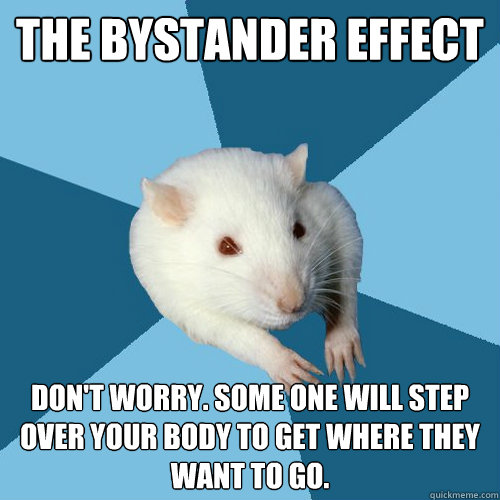 The Bystander Effect Don't worry. Some one will step over your body to get where they want to go. - The Bystander Effect Don't worry. Some one will step over your body to get where they want to go.  Psychology Major Rat